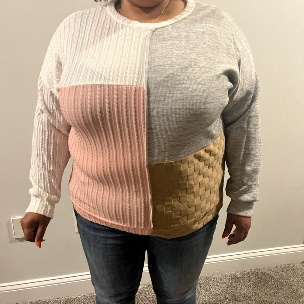 Colorblock Sweater - Pink, Gray, White, and Tan